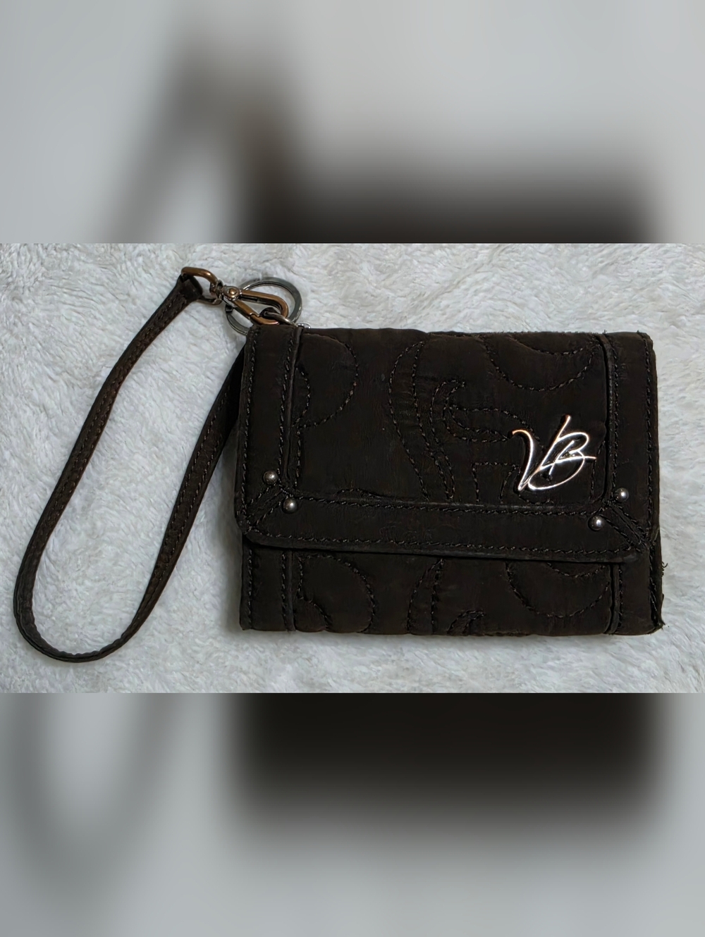 Very Bradley Open Brown Suede Tri-fold Wallet Magnetic Snap Closure Wristlet - Picture 2 of 9